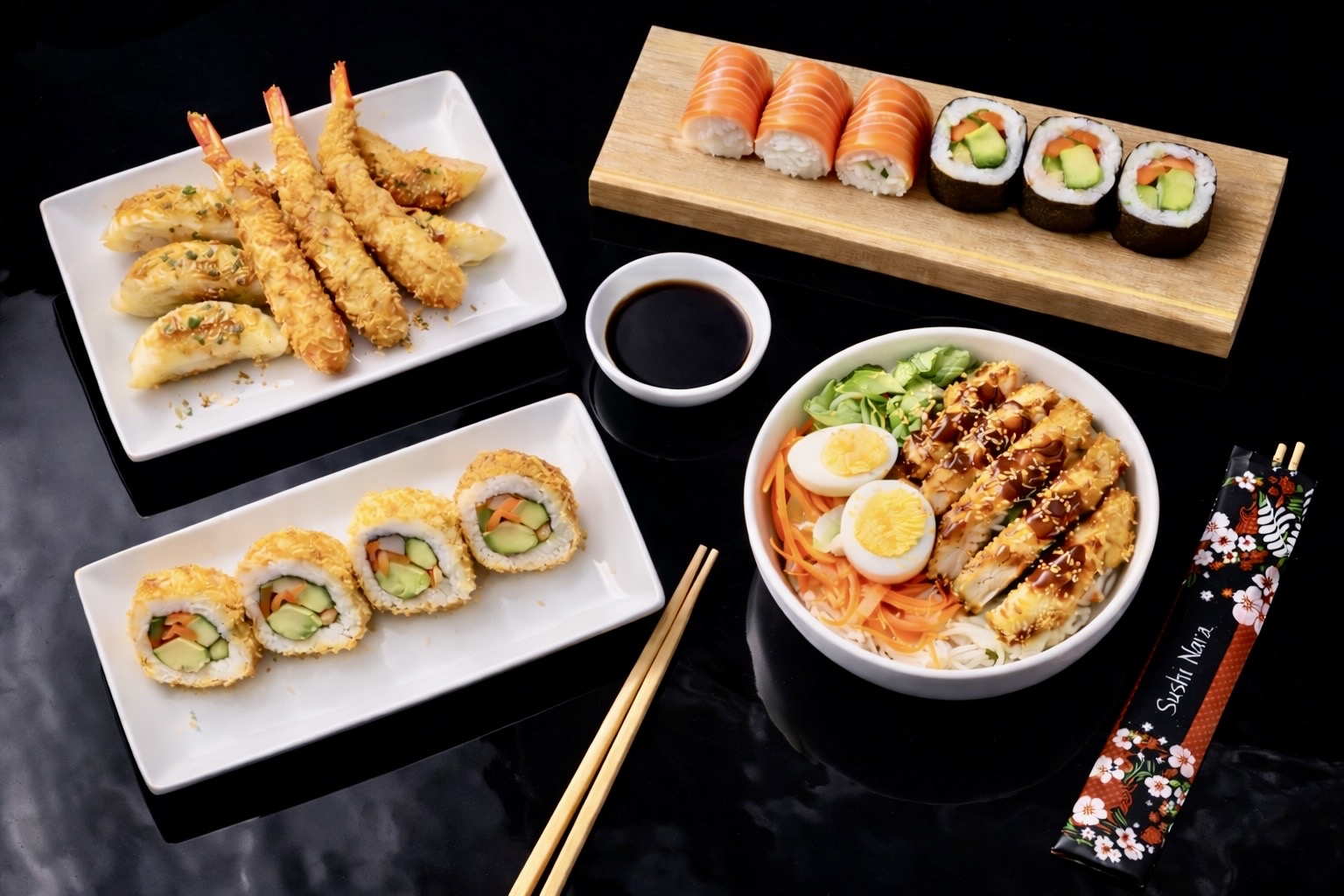 Assortiment de sushis, makis et bowl