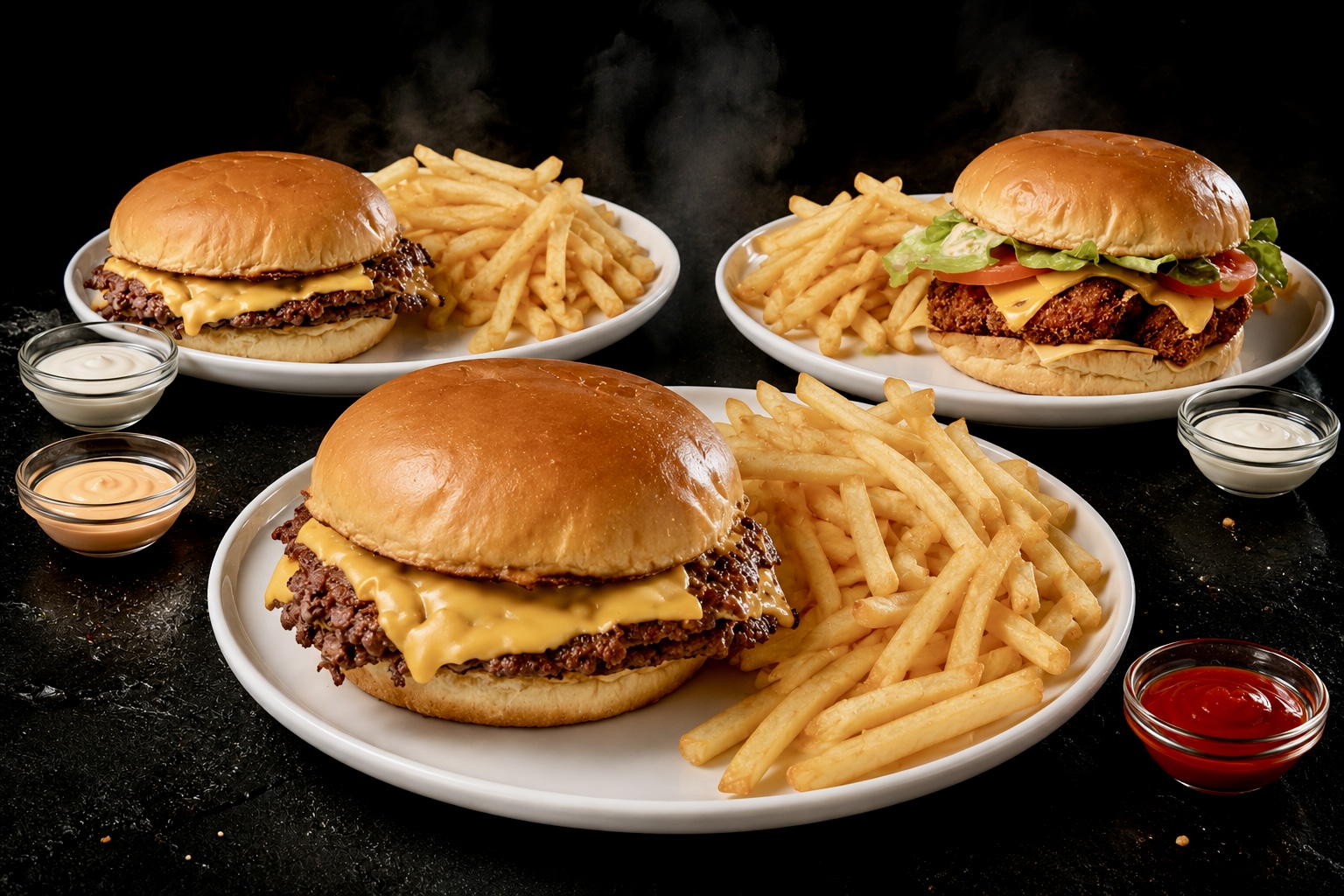 Burgers et frites en présentation soignée