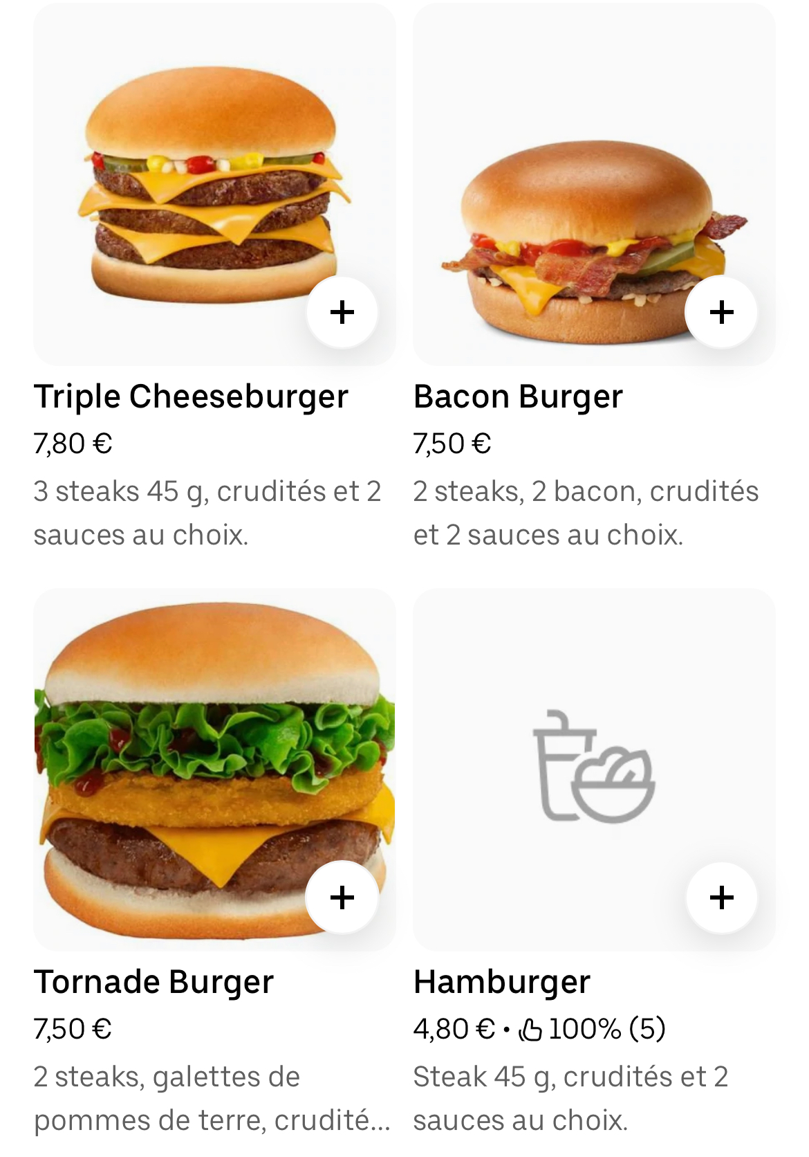 Capture d'une présentation produits standard observée sur une plateforme de livraison